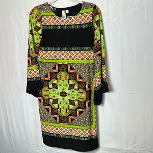 Emma & Michele Size Small Midi Dress Long Bell Sleeves Greens and Black like new